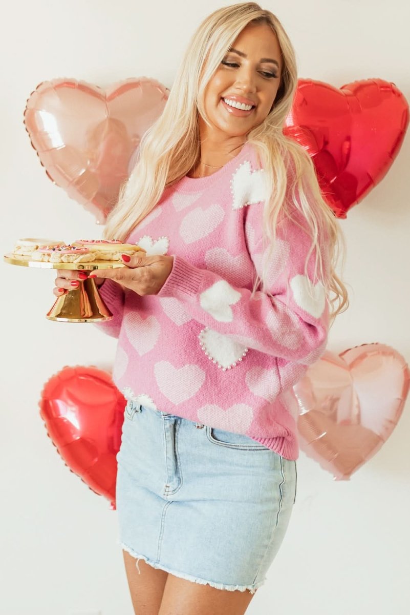 Valentine's Day Pearled Heart Print Pink Crew Neck Sweater - Love Salve